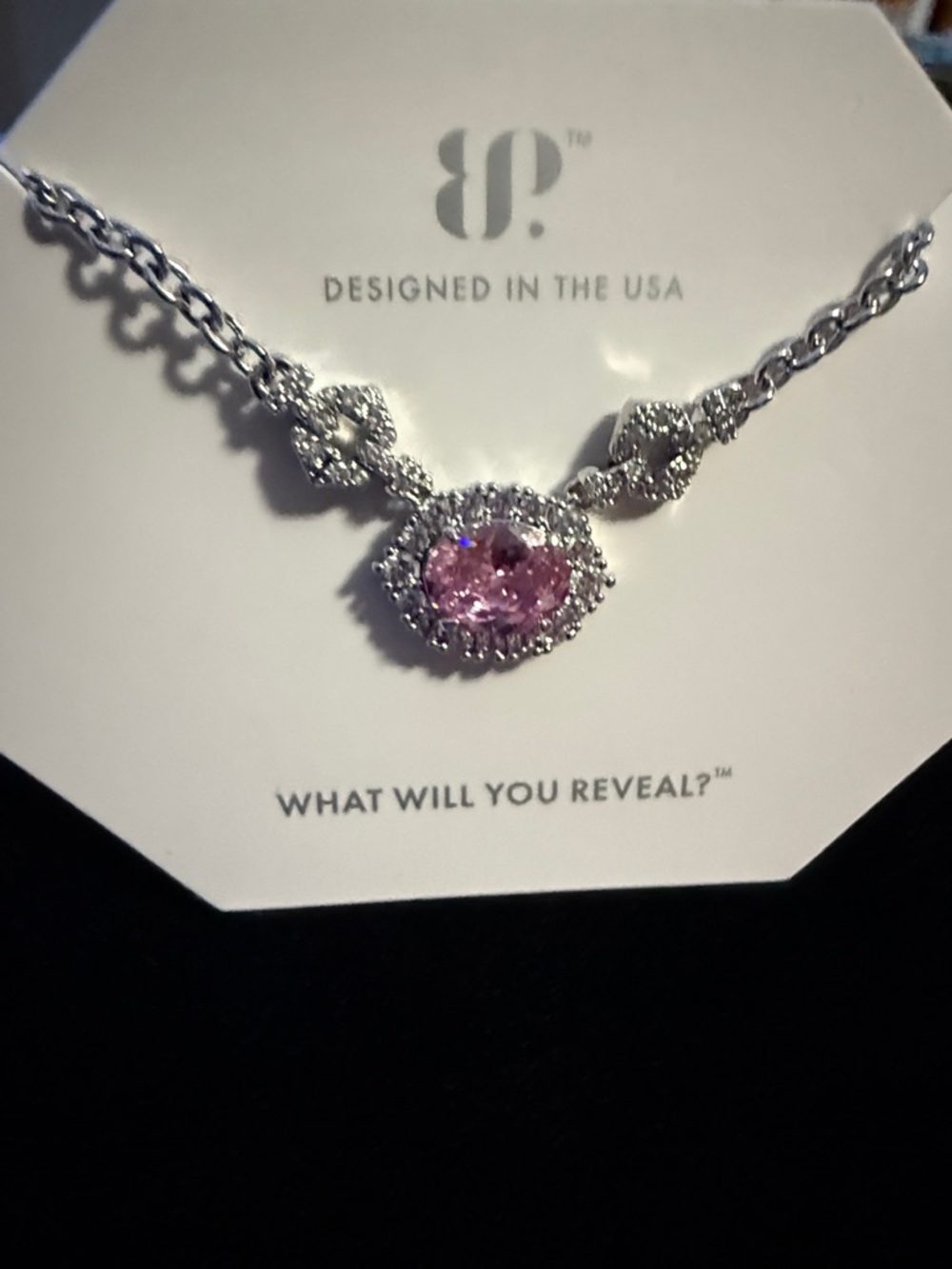 BP rhodium plated Necklace with rose quartz CZ Halo Pendant